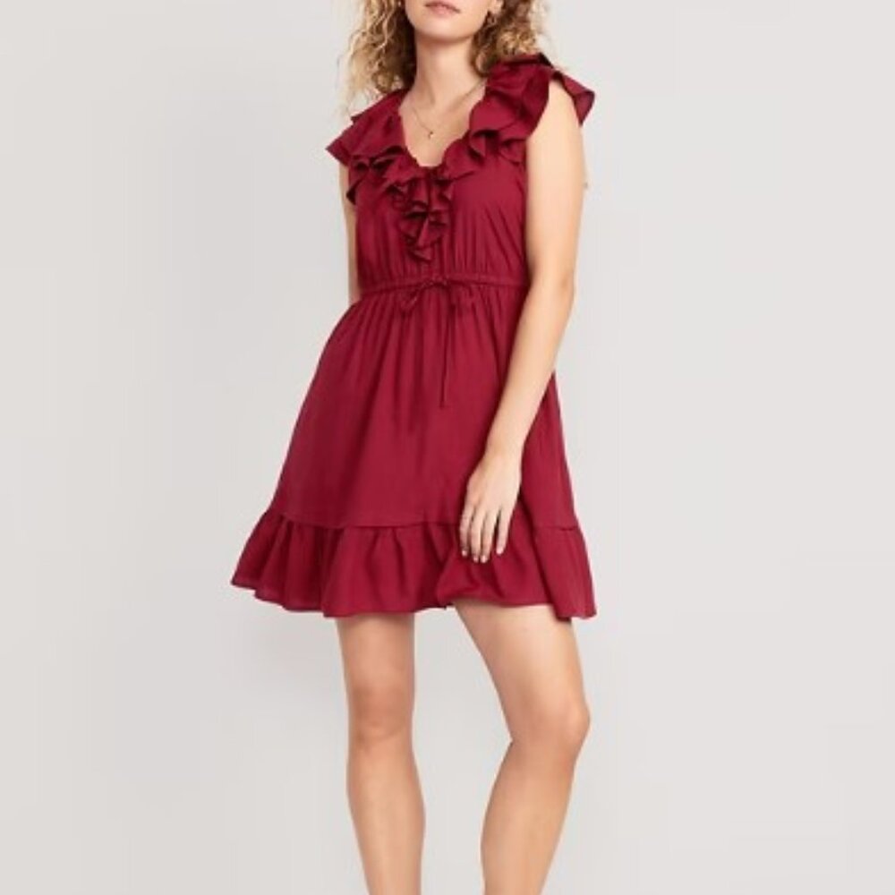 Old Navy Womens Dress Large Red Wine Shorts Sleeve Ruffle Scoop Neck